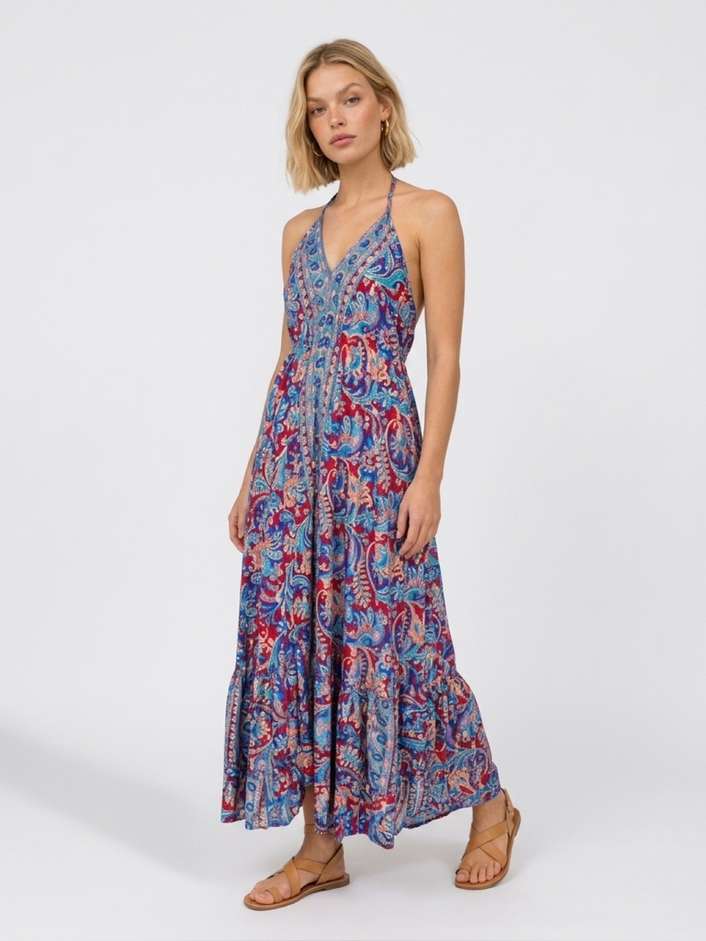 Paisley gold foil Halter Maxi Dress in Blue and Red